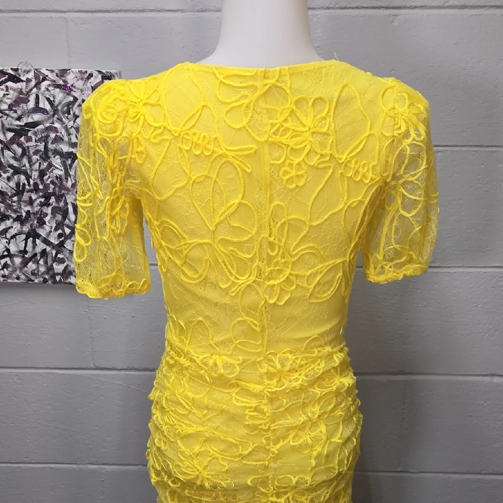 Zara Bright Yellow Ruched Lace Midi Dress - Picture 7 of 12